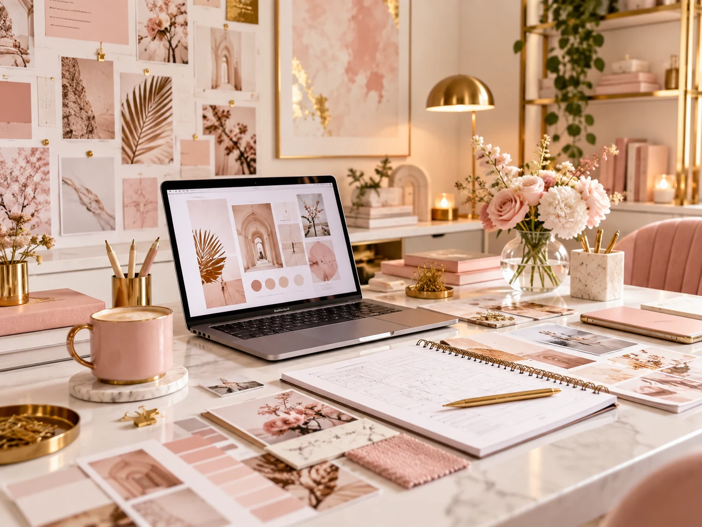 Bright creative workspace with laptop, photography and design boards.