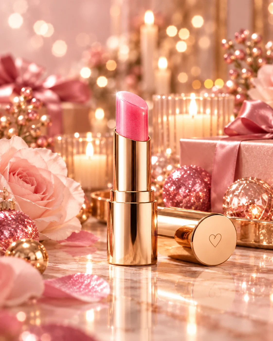 Finished shiny gold lipstick tube with soft-pink color-changing lip tint balm and a gold cap featuring a small heart detail.