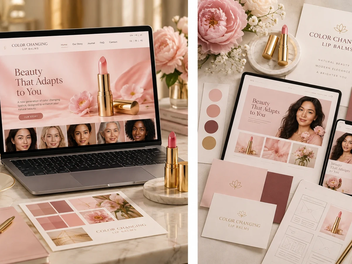 Blush-pink and gold studio mood boards exploring the color-changing lipstick balm idea.