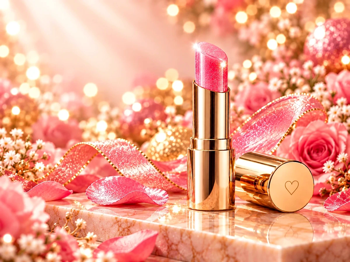 Sparkling rose-pink balm in a polished gold tube beside ribbons, roses and glowing holiday lights.