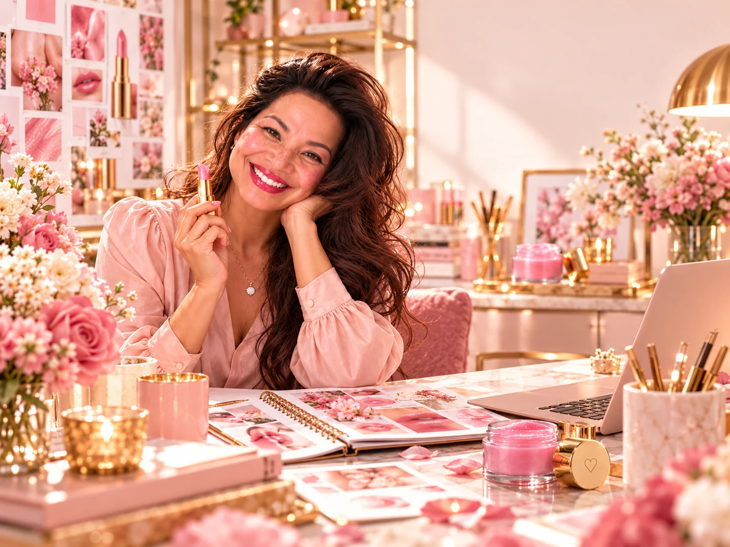 Editorial beauty studio with a woman and pink-and-gold design materials.
