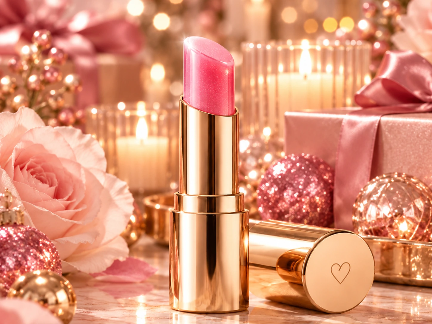 Close-up of a softly shimmering pink lip tint balm in a polished gold lipstick tube surrounded by flowers and golden holiday lights.